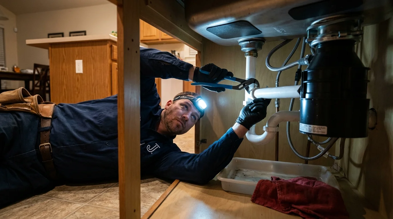 P-trap and supply line connections under a kitchen sink showing a common leak point in Monticello, NY